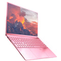 Sleek pink 15.6-inch laptop with a slim design, full keyboard, large trackpad and a vibrant sunset screen wallpaper.