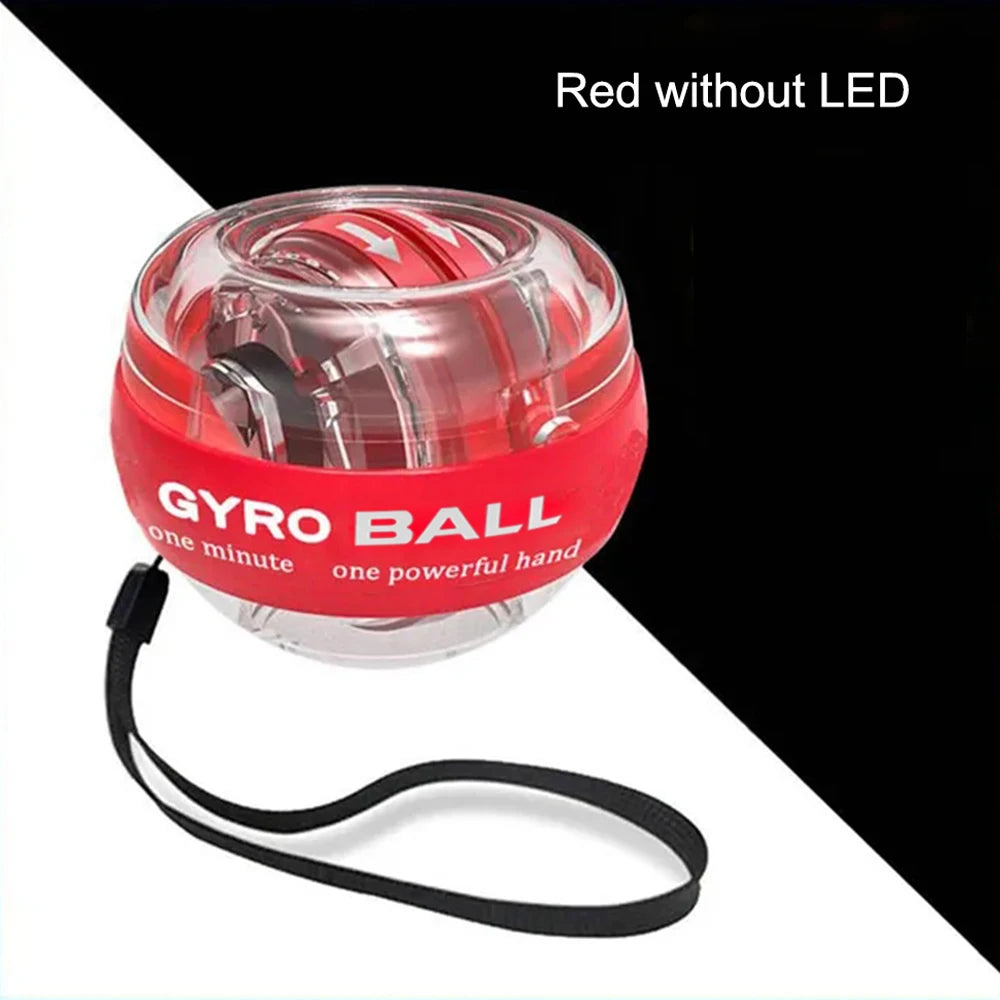 Red non-LED gyro ball wrist exerciser with a clear casing and black wrist strap.