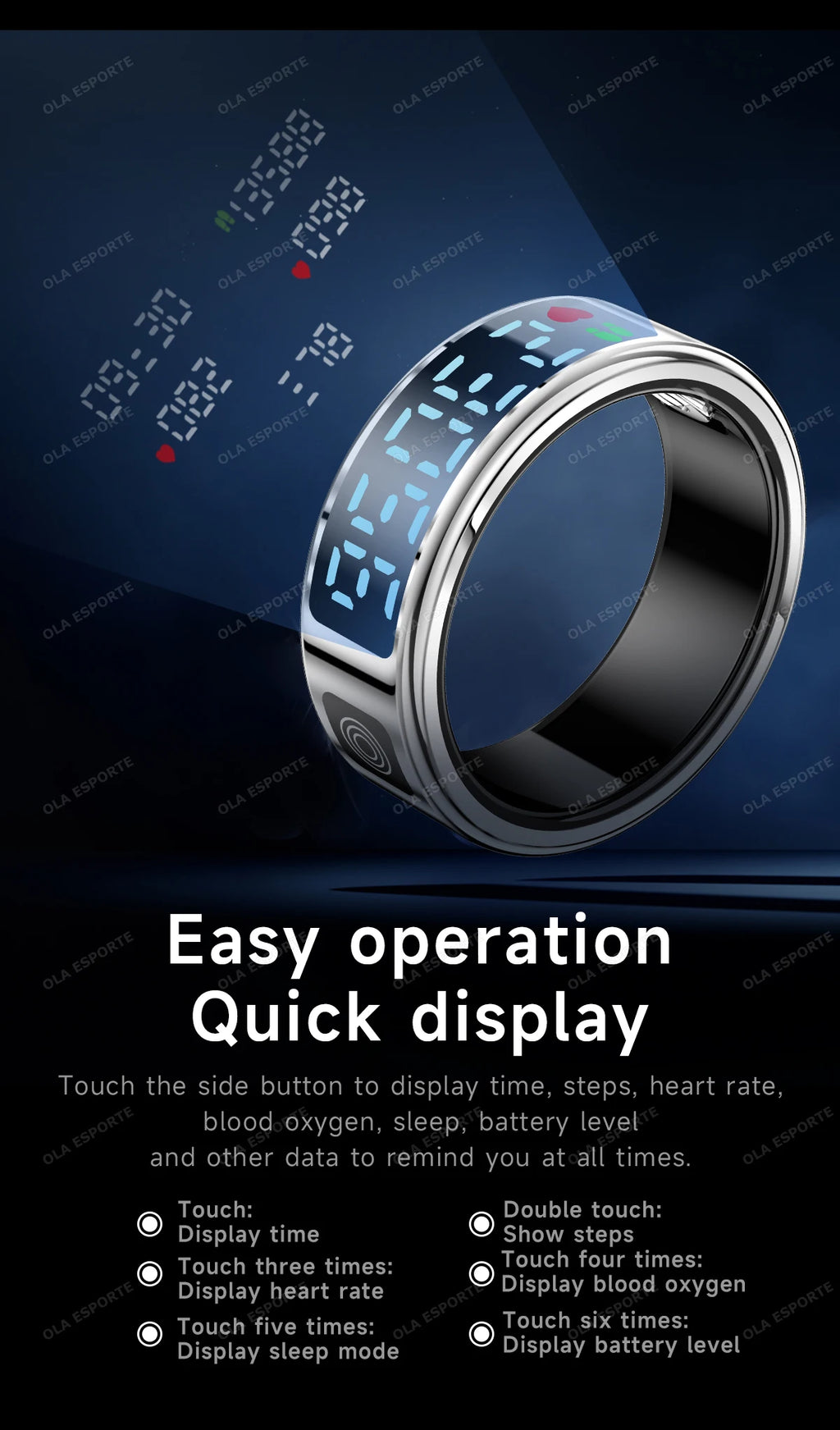 Sleek silver smart health tracking ring with a digital blue display showing time, heart rate, and activity metrics.