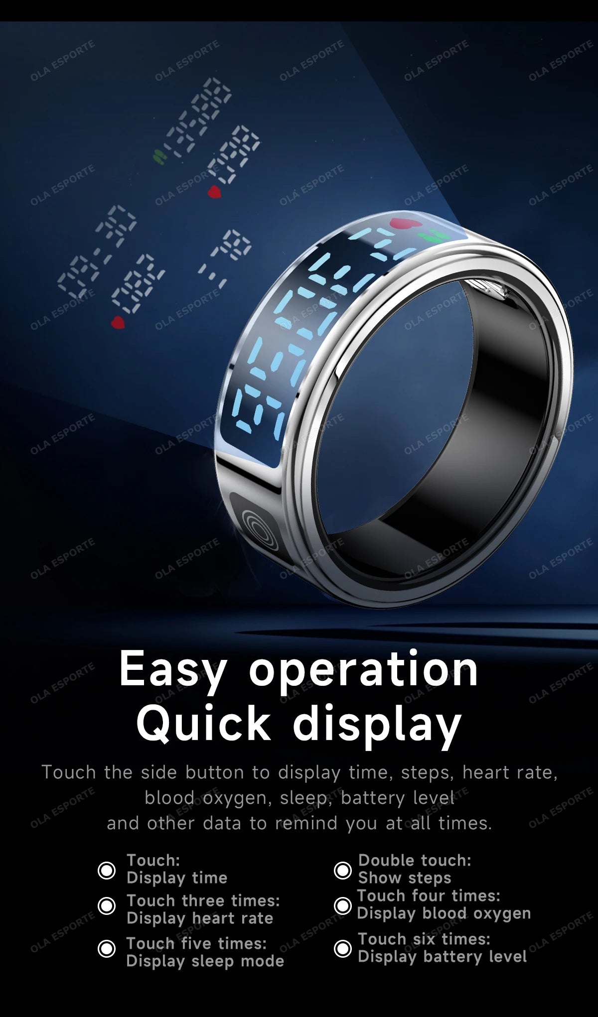 Sleek silver smart health tracking ring with a digital blue display showing time, heart rate, and activity metrics.