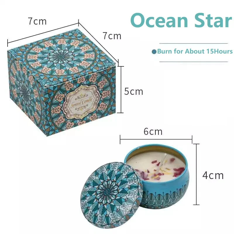 Blue scented candle in a decorative mandala-patterned tin with matching gift box. Includes dimensions and 15-hour burn.
