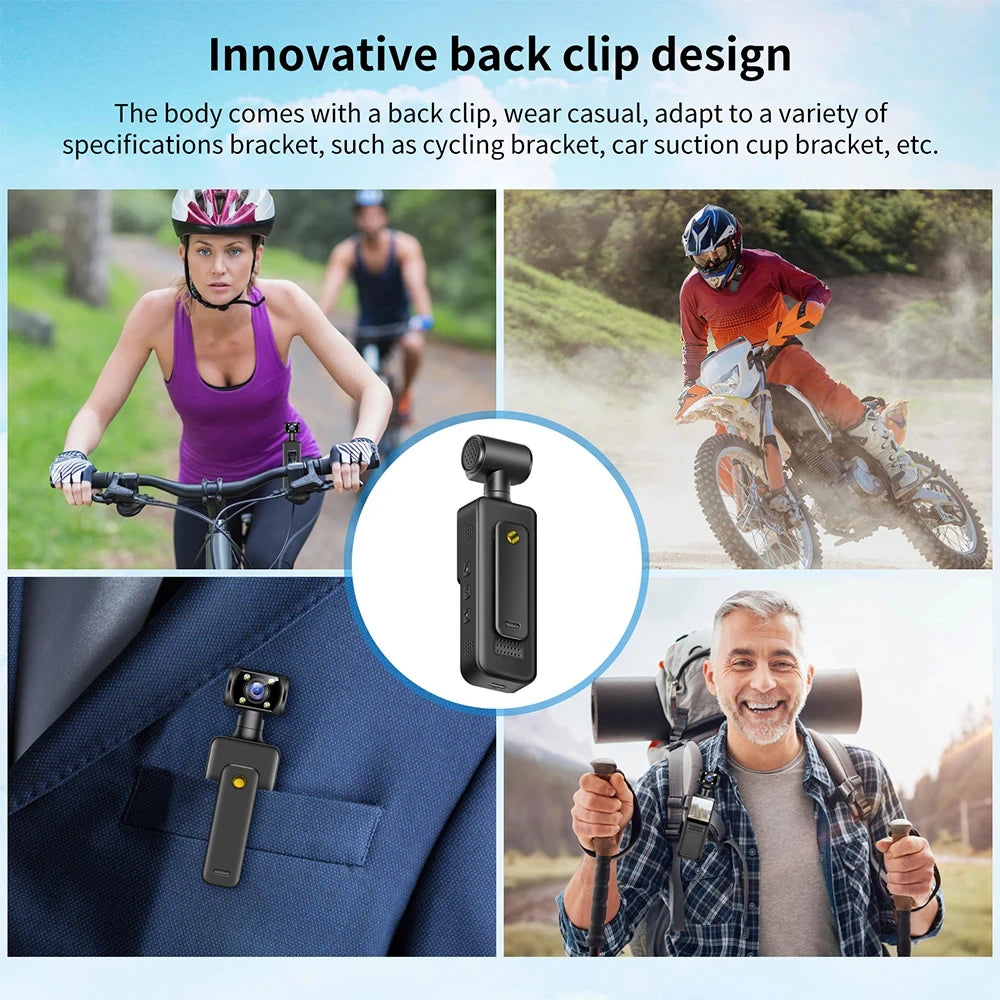 Black plastic portable body camera with a back clip and rotating lens shown in use on bicycles, gear, and clothing.