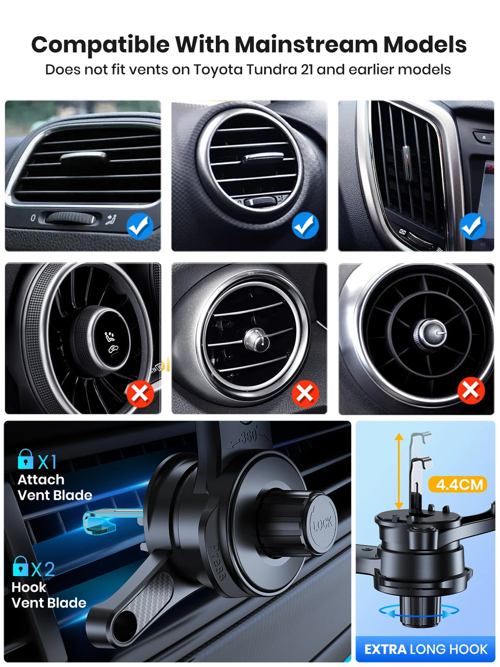 Black car air vent phone mount with long hook, showing compatible and incompatible circular or rectangular vent types.