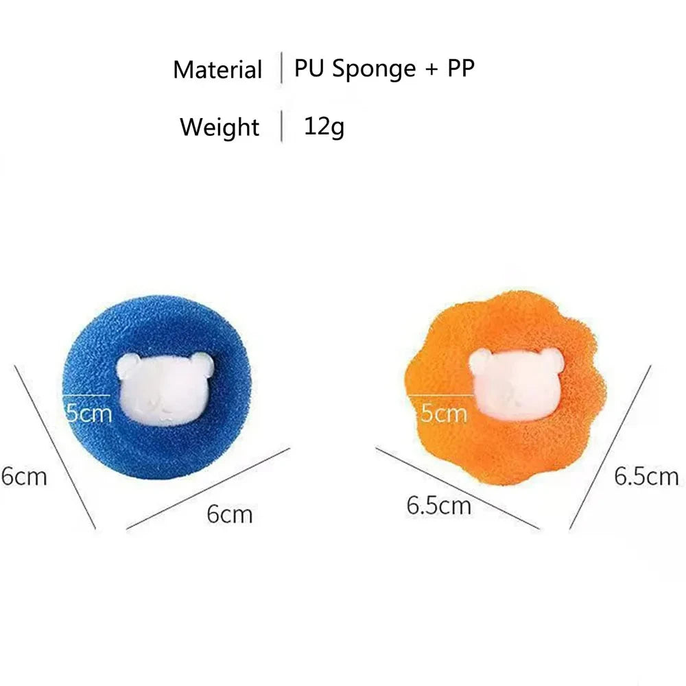 Two bear-shaped PU sponge scrubbers, one round blue and one ruffled orange, with dimensions labeled.