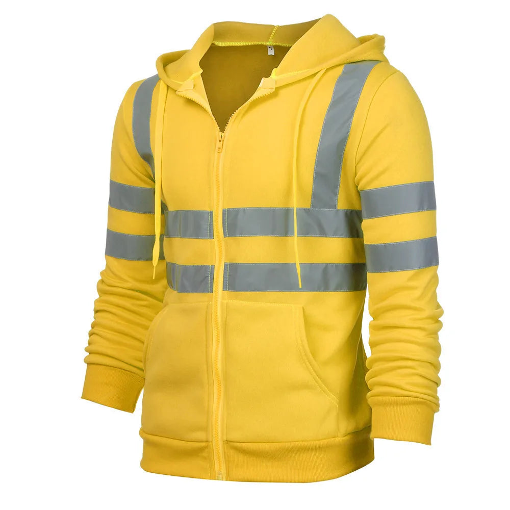 Men's bright yellow thermal zip-up hoodie featuring reflective silver strips on the chest, back, and sleeves.