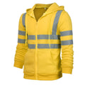 Men's bright yellow thermal zip-up hoodie featuring reflective silver strips on the chest, back, and sleeves.
