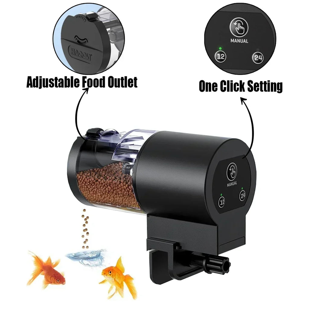 Black automatic fish feeder with clear food container, adjustable outlet, and digital one-click timer buttons.