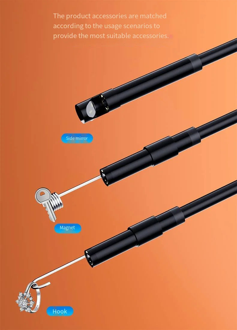 Black 7mm endoscope camera showing side mirror, magnet attachment retrieving a key, and hook attachment holding a ring.