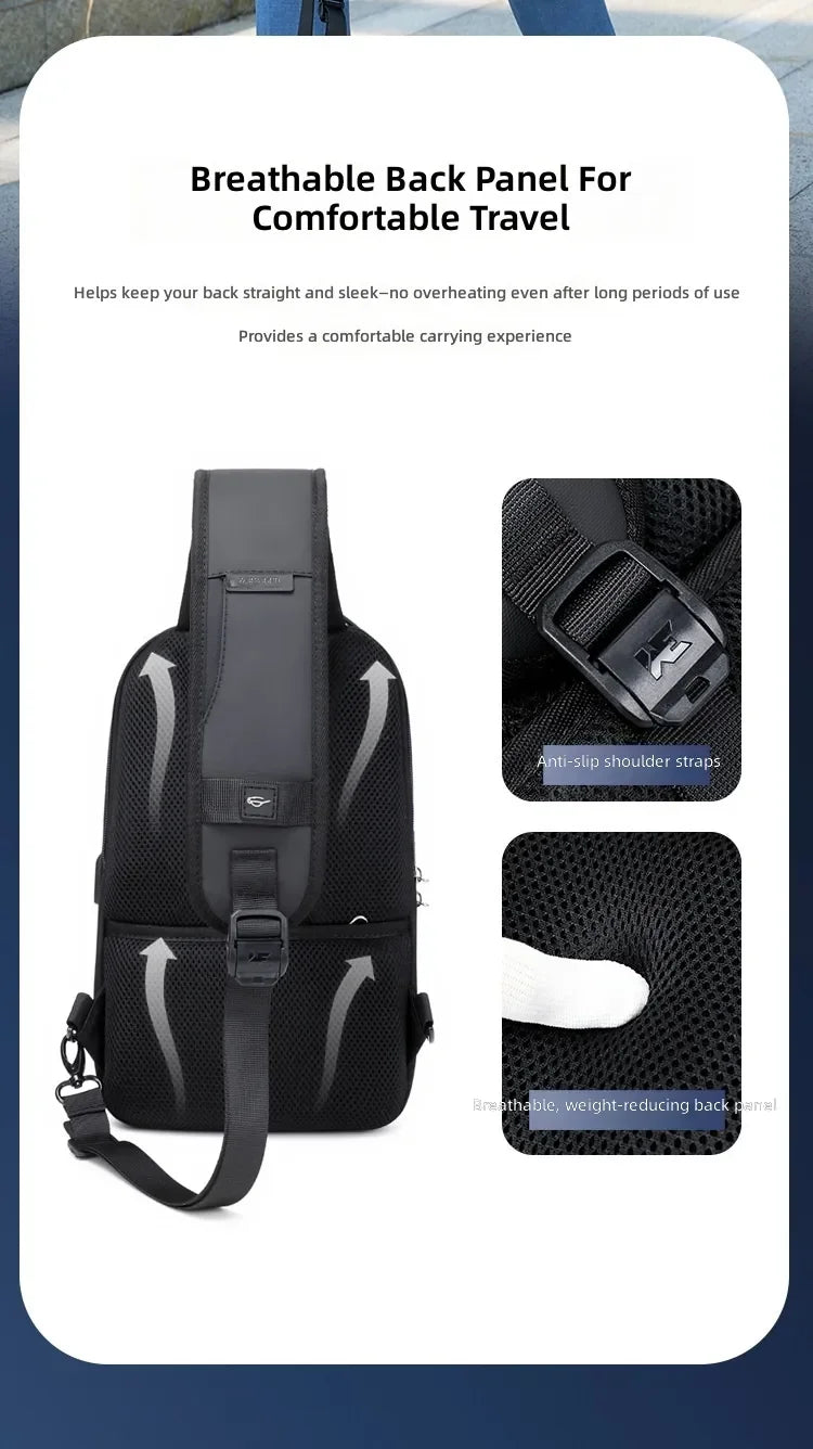 Black waterproof travel sling bag with breathable, weight-reducing back panel and anti-slip shoulder strap.