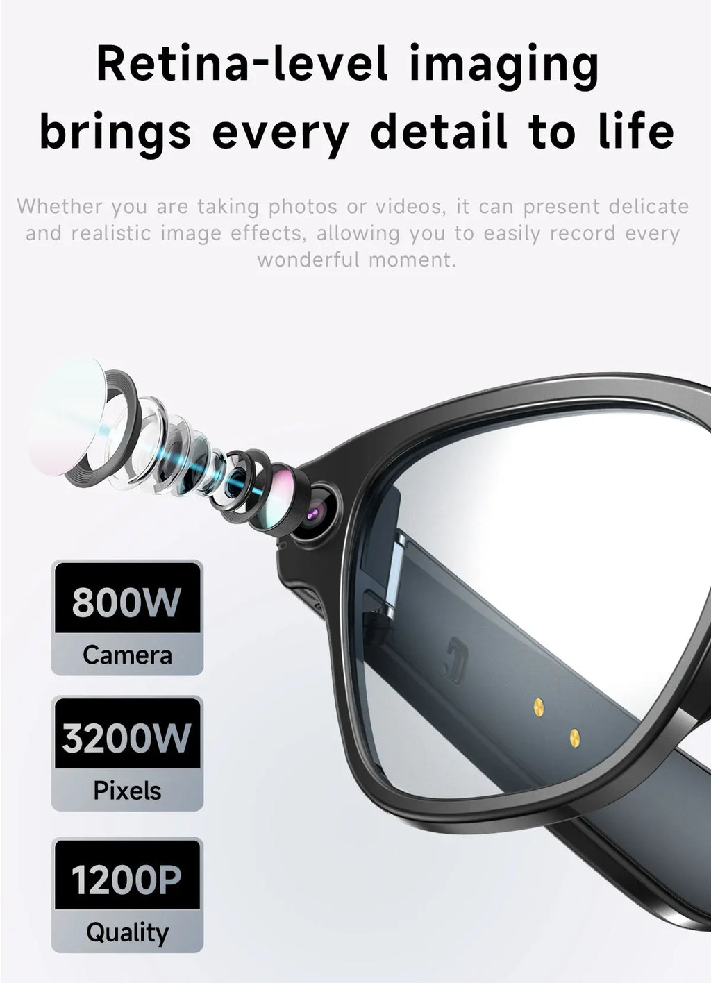 Black smart glasses featuring a detailed lens breakdown, HD video camera, and charging points on the inner frame.