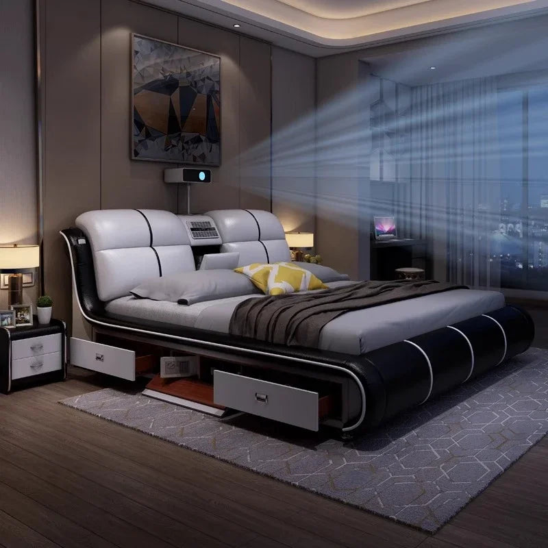Modern cream and black leather bed frame with built-in storage drawers and integrated headboard shelving.