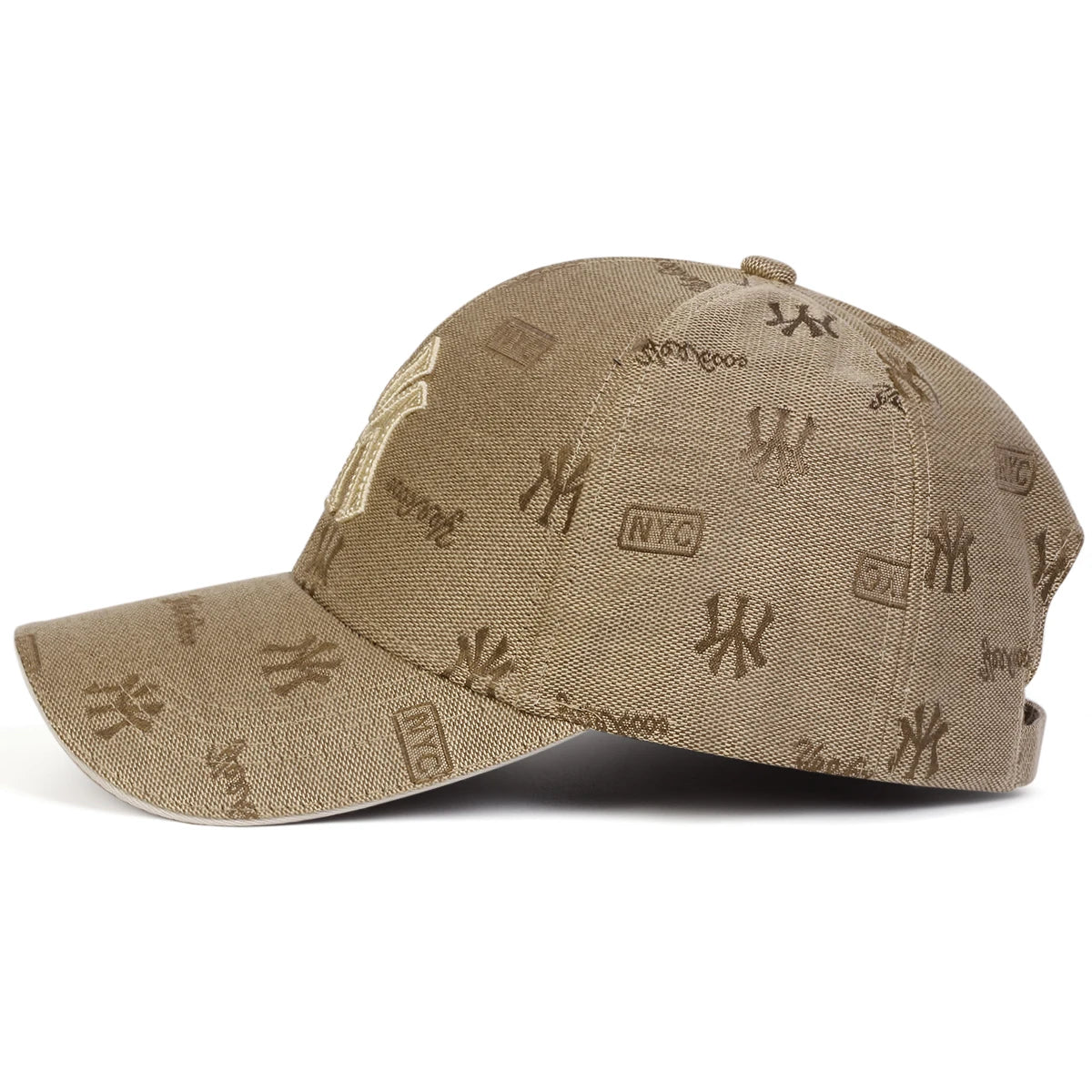 Beige unisex baseball cap with an all-over embroidered monogram pattern and a large front letter design.