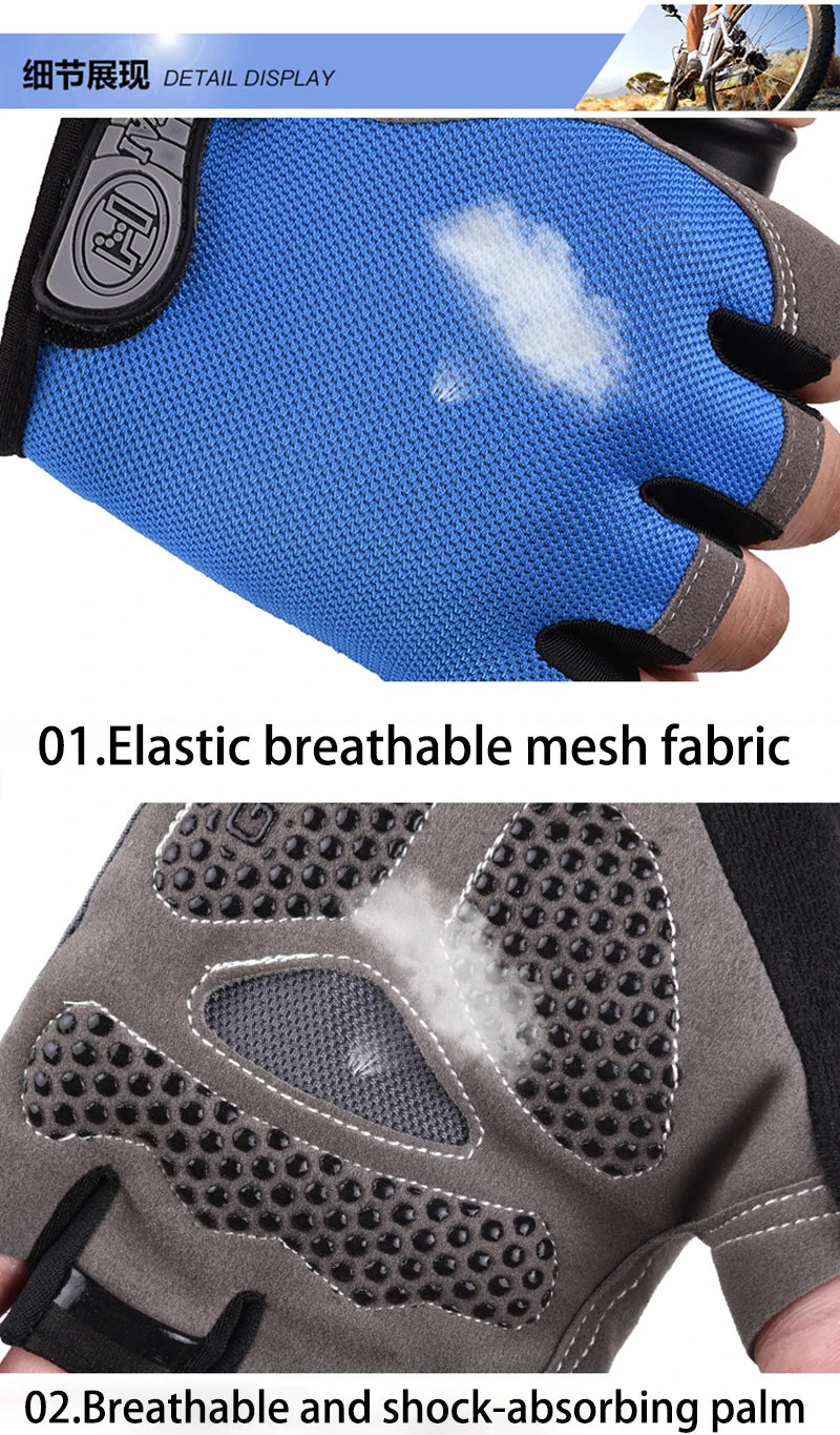 Blue cycling fingerless gloves with breathable mesh top and shock-absorbing, grippy palm padding.
