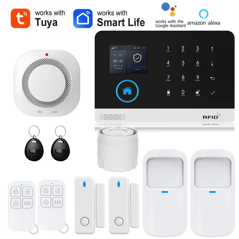 Wireless smart home security system with white touchscreen alarm panel, motion sensors, door contacts, and RFID tags.