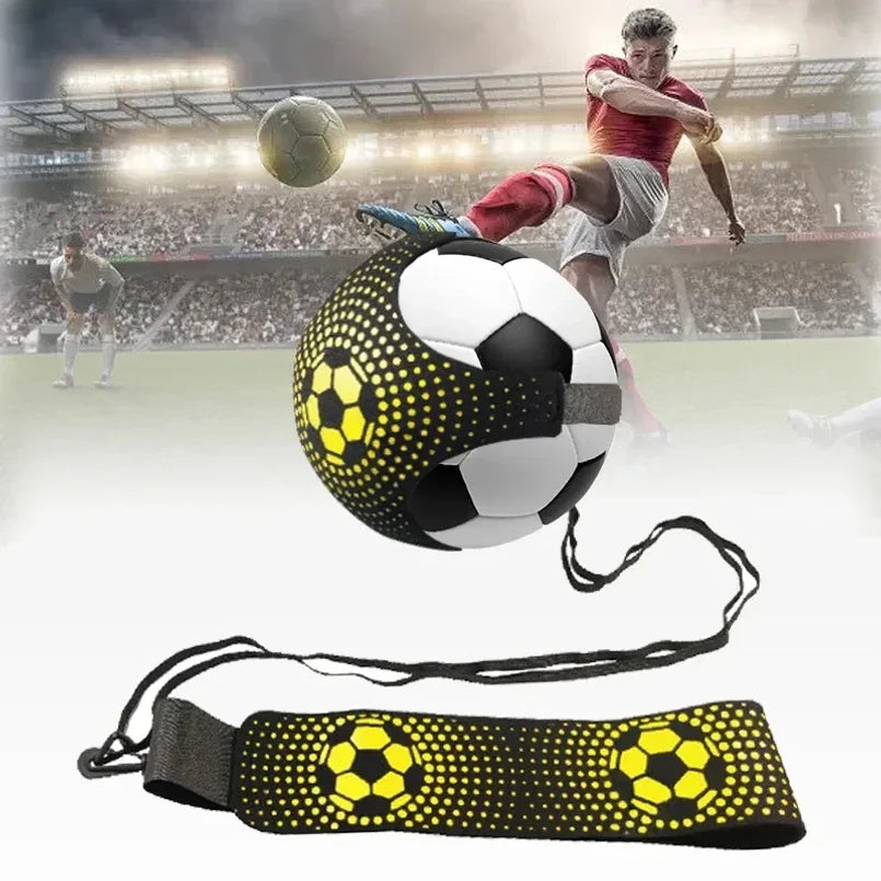 Solo soccer trainer with black and yellow adjustable waist belt and ball harness for hands-free practice.