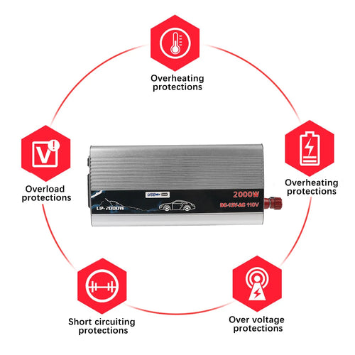 Silver 2000W DC to AC power inverter with USB port and safety icons highlighting overload and temperature protection.
