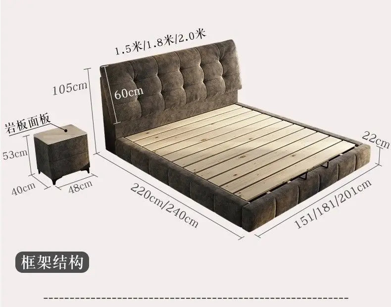 Modern minimalist bed frame in brown velvet with a tufted headboard, wooden slats, and a matching bedside table.
