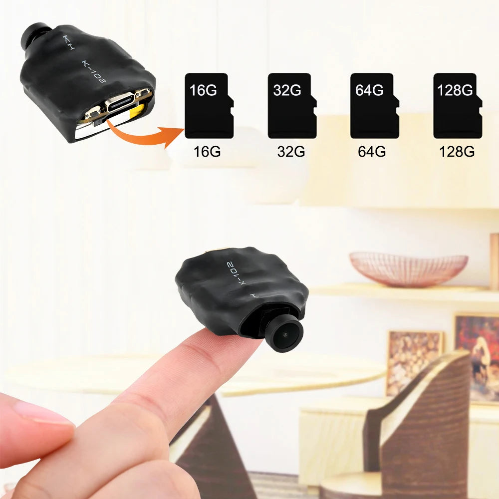 Black plastic mini surveillance camera with USB-C port, supporting microSD cards from 16GB to 128GB.