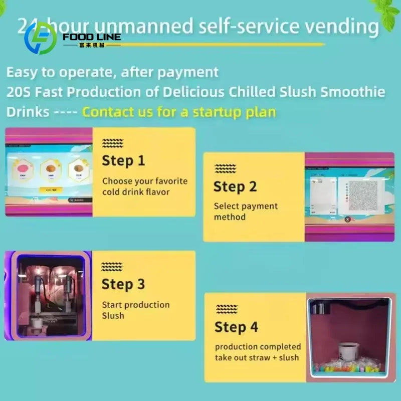 Pink and yellow promotional graphic showing four steps to operate a commercial slush and smoothie vending machine.