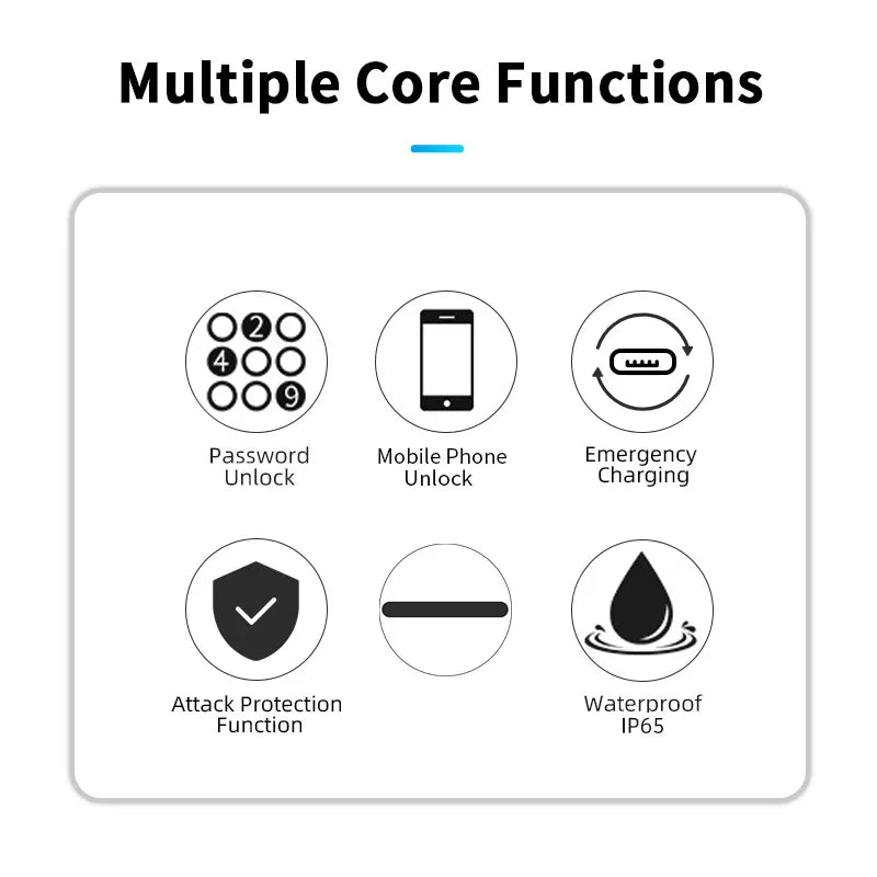 White graphic showing six black icons for smart lock features: keypad, phone unlock, charge, security, and IP65 water.