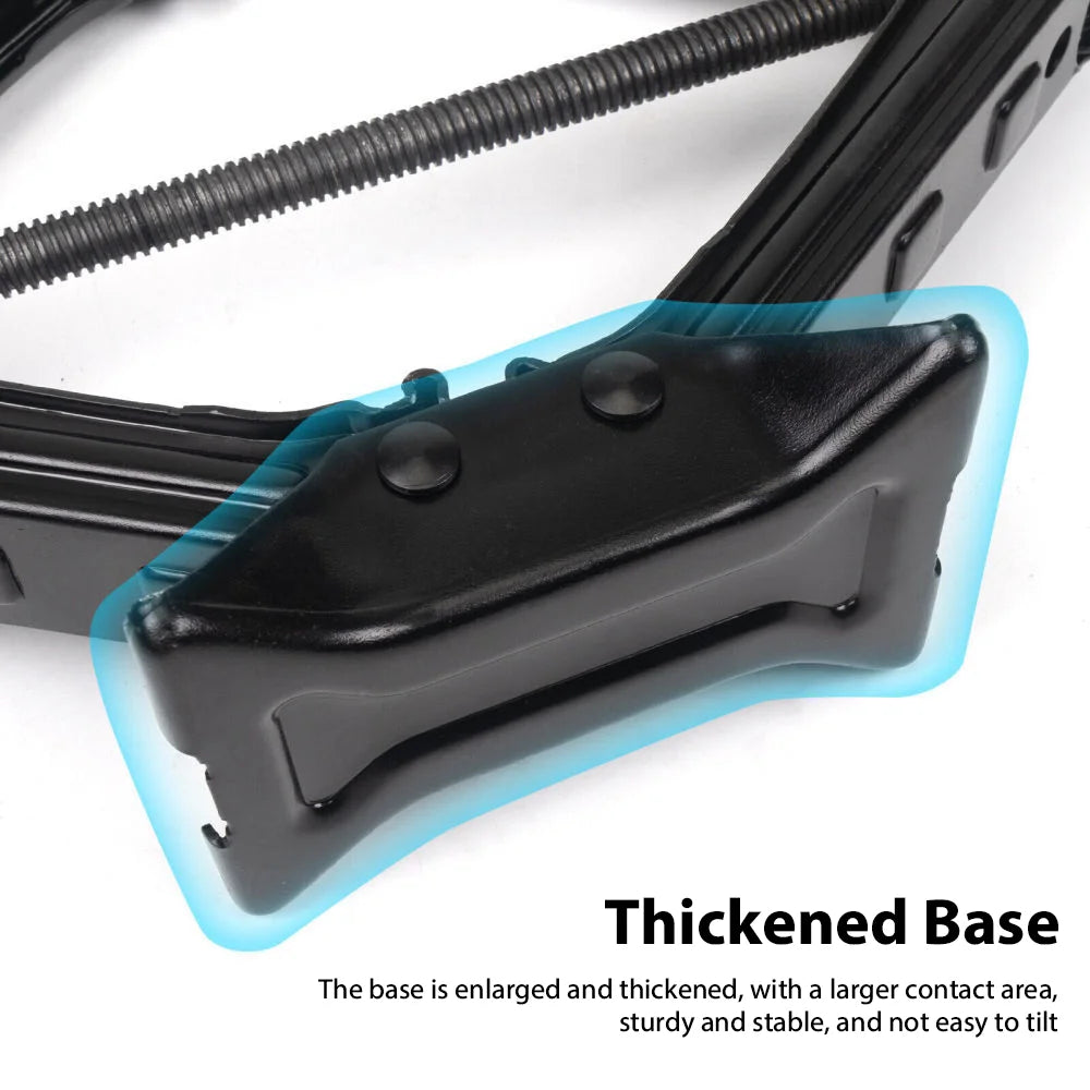 Black car scissor jack highlighting the thickened, enlarged base for stability.