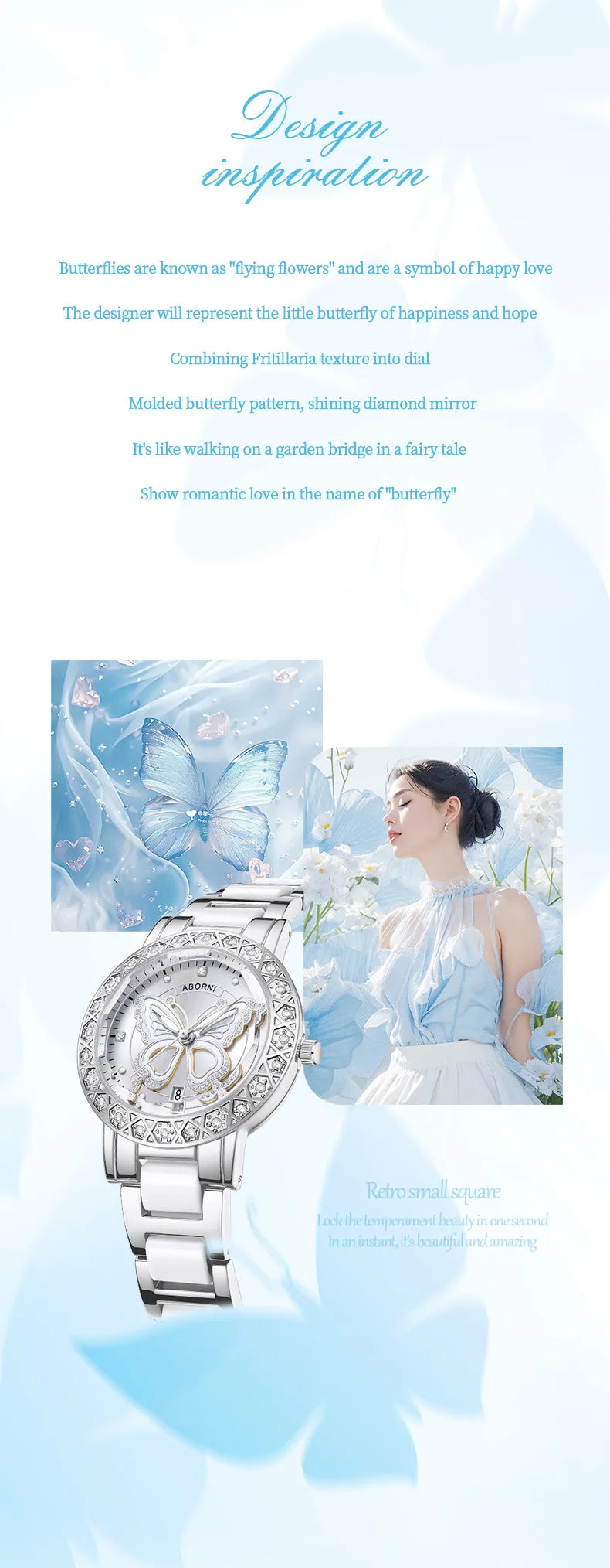 Luxury silver and white ladies' watch featuring a dial with an elegant butterfly motif and crystal-set bezel.