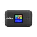 Compact black portable 4G LTE WiFi hotspot router with a colour screen showing connectivity status and signal strength.