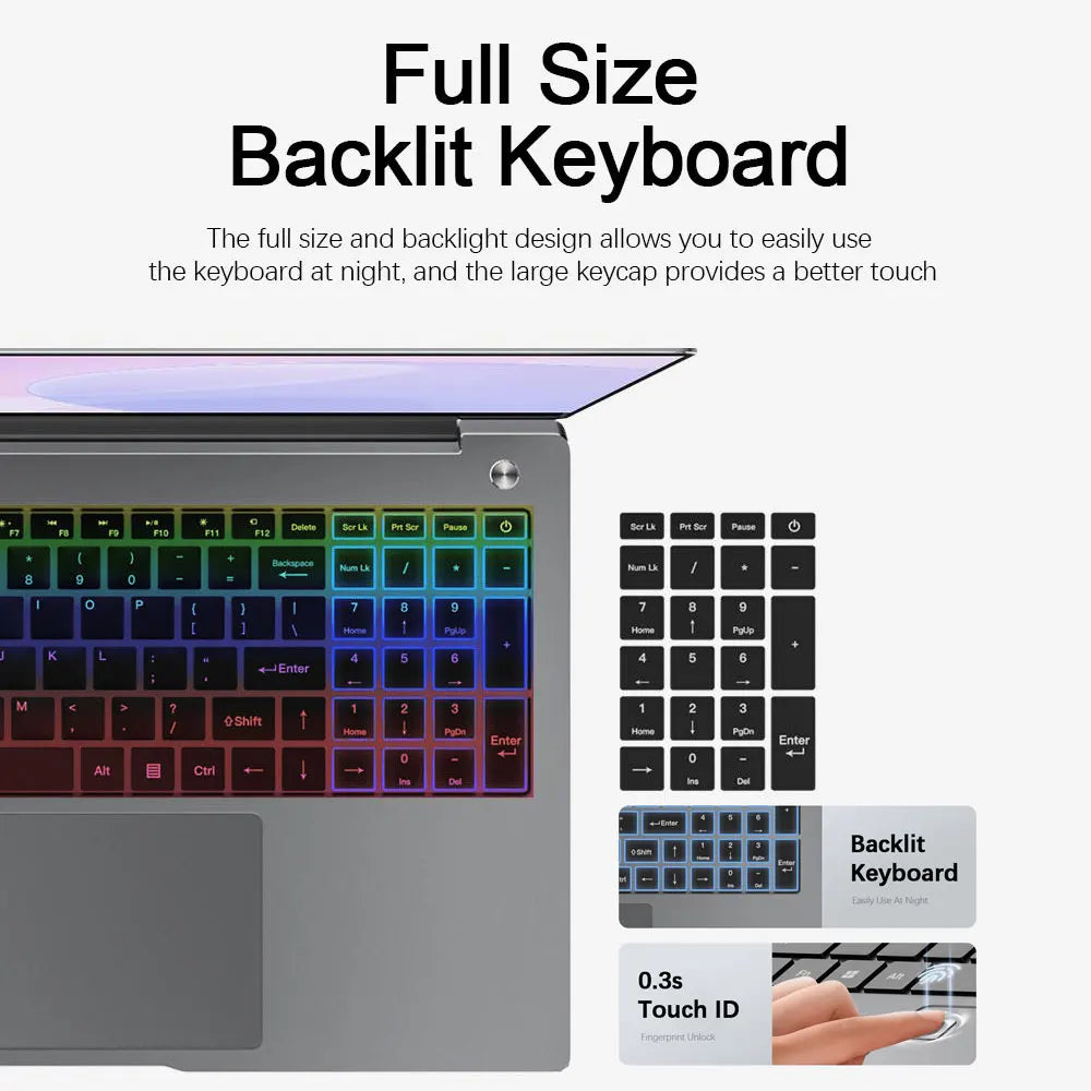 Silver 15.6-inch gaming laptop with a full-size, colour-backlit keyboard, numeric keypad, and fingerprint Touch ID.