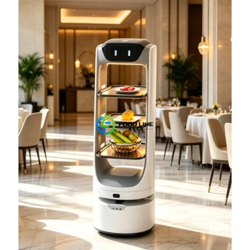 A tall white delivery robot with three shelves carrying food stands in a luxury restaurant.