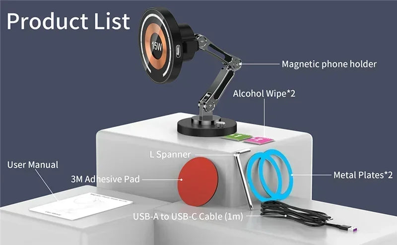 Black adjustable magnetic phone holder with wireless charging, including accessories like adhesive, cable, and metal plates.