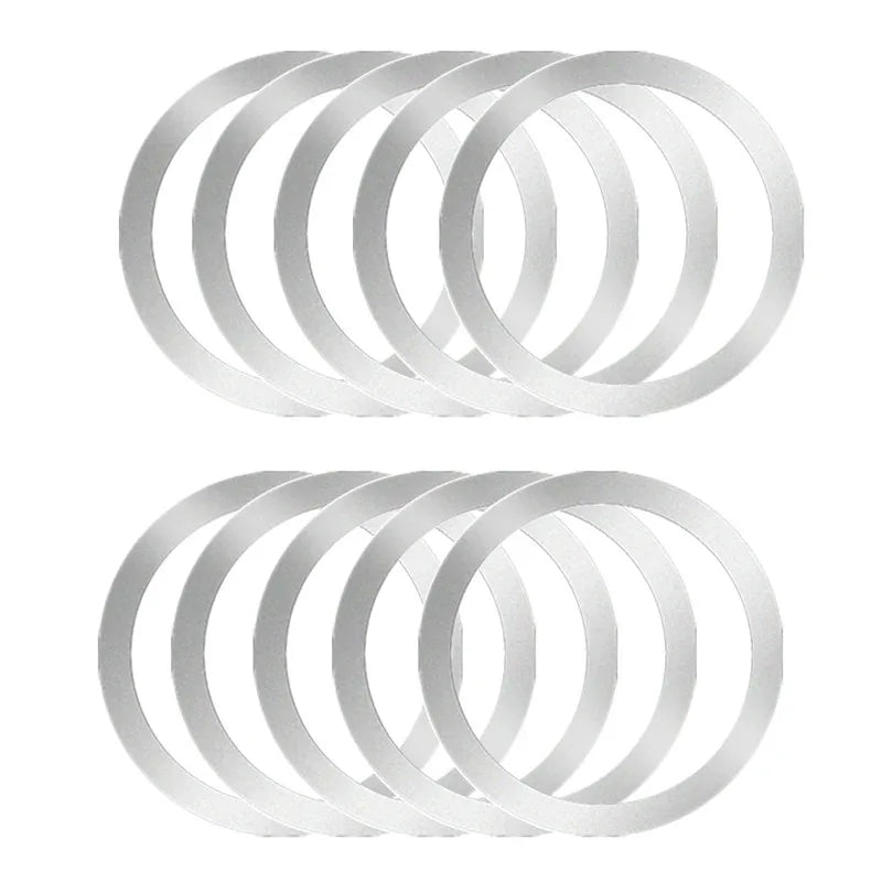 A set of ten plain, flat silver circular metal rings arranged in two rows of five.