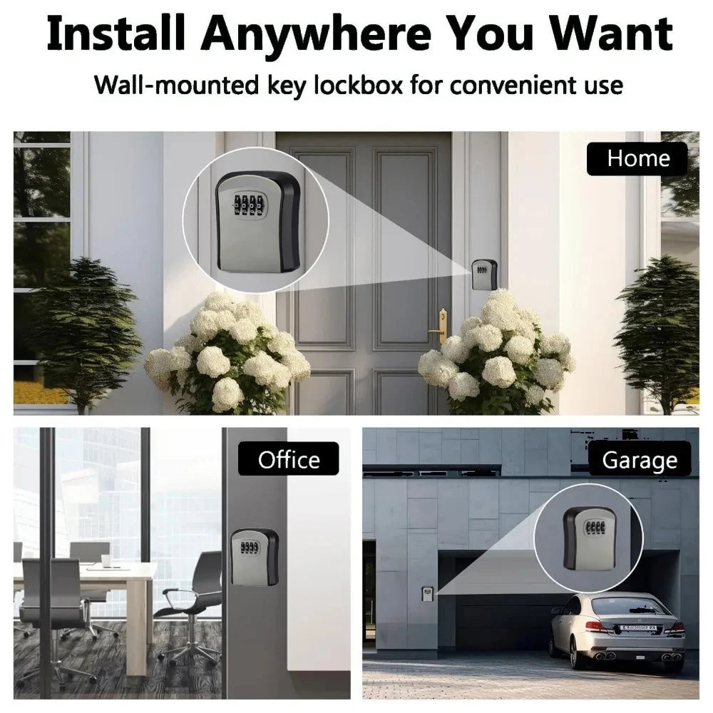 Black and grey metal wall-mounted key lockbox with a four-digit combination dial, shown on home, office, and garage.