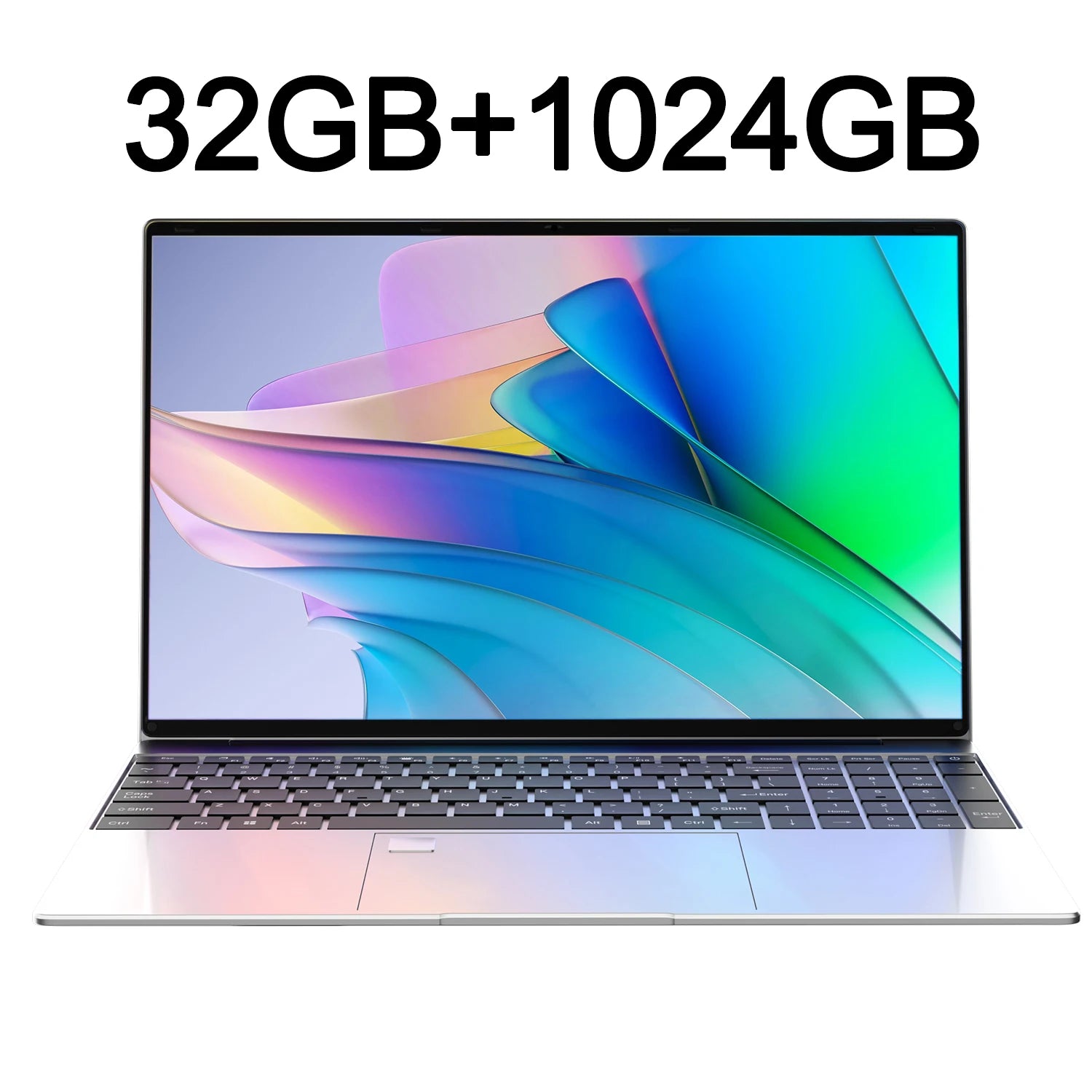 Sleek 15.6-inch silver laptop with a thin-bezel display, full keyboard, and vibrant abstract wallpaper.