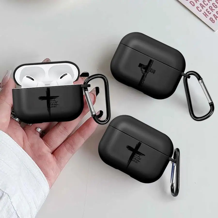 Black silicone AirPods Pro case with a cross print and matching carabiner clip.