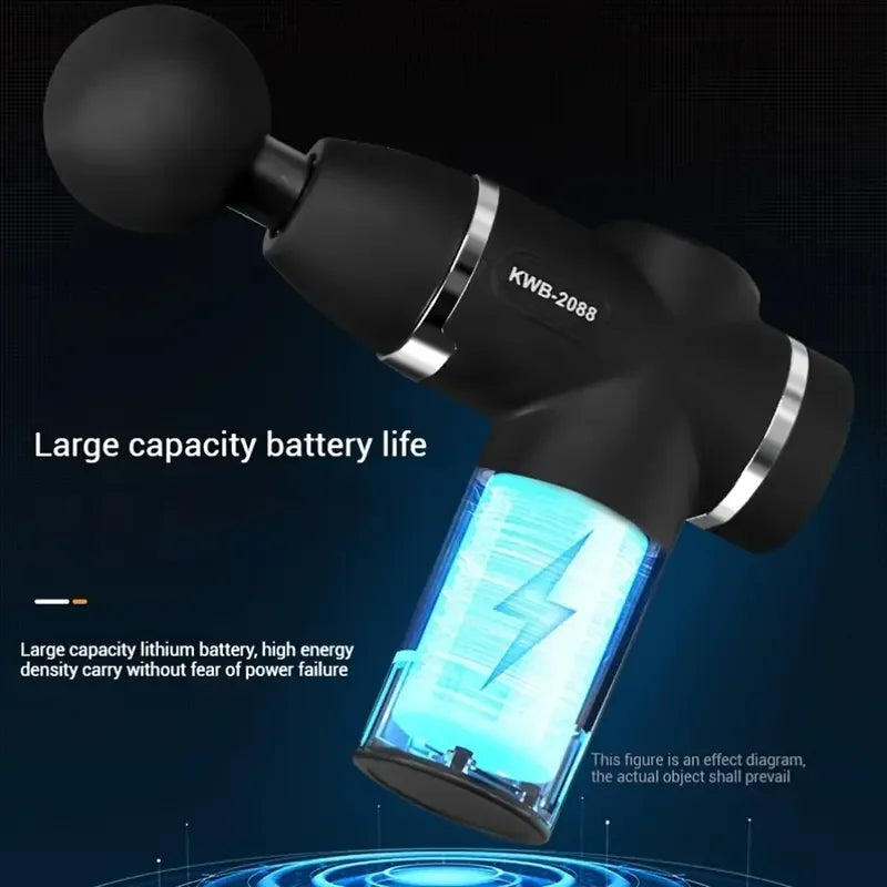 Black mini massage gun with round ball attachment and glowing blue battery indicator in handle.