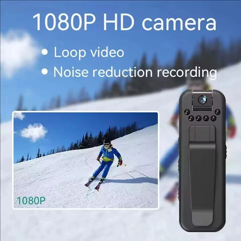 Black plastic portable 1080p HD body camera with a built-in clip, loop recording, and noise-canceling microphone.