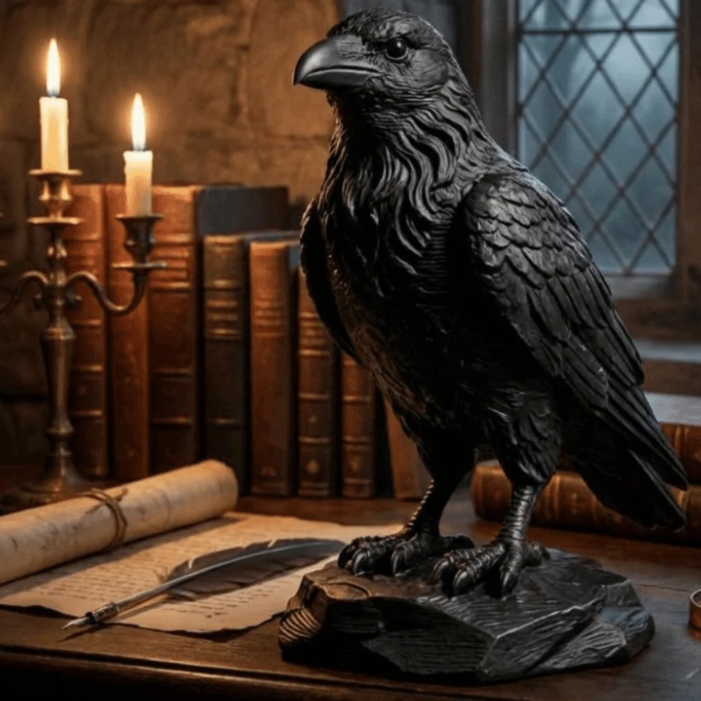 Detailed black raven statue perched on a rocky base, displayed on a desk with old books, a scroll, and candle light.