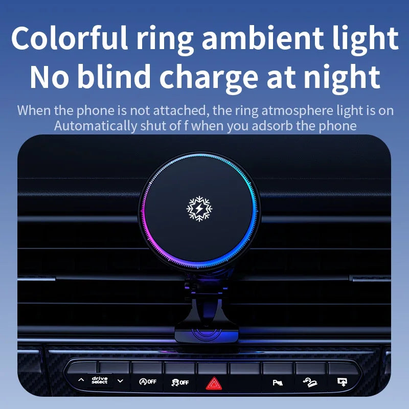 Circular car phone charger mount with a glowing, colorful LED ring and a snowflake charging icon in the center.