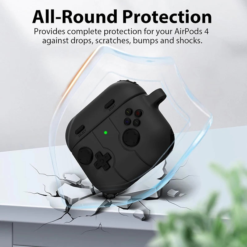 Black silicone protective case for AirPods 4, designed with a retro gaming controller aesthetic.