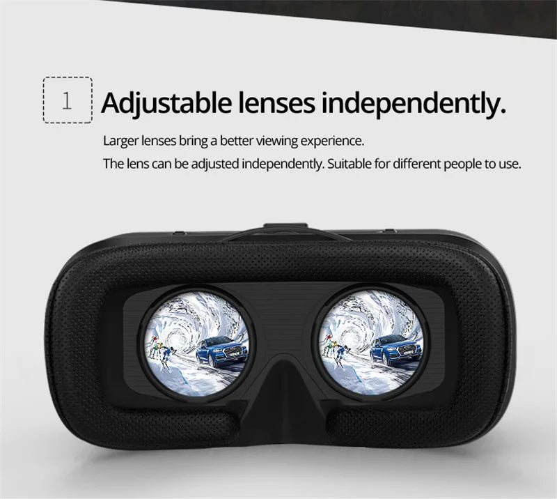 Black VR headset with independently adjustable lenses displaying a snowy scene with a blue car.