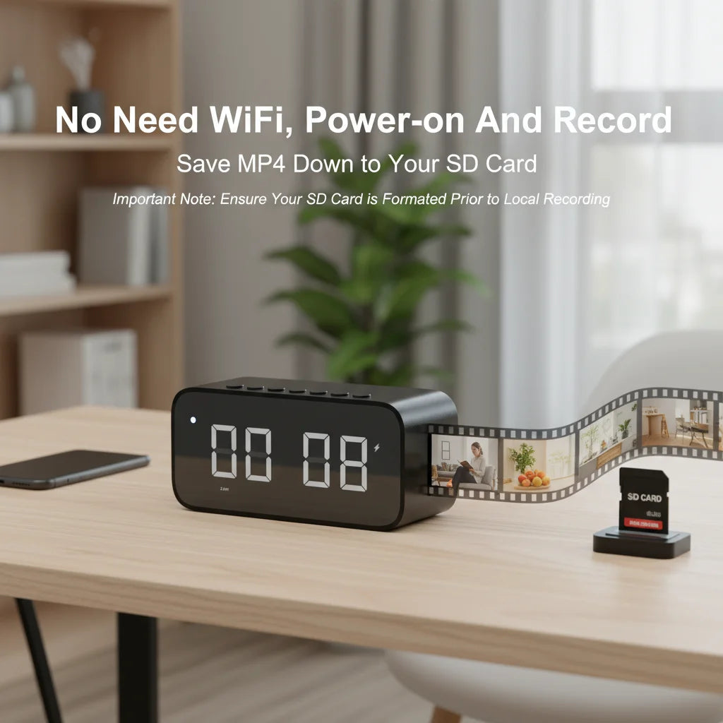 Black plastic digital alarm clock with a built-in hidden camera and SD card slot on a wooden desk.