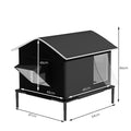 Black, waterproof, elevated outdoor cat shelter with a gabled roof, side entrance, and detailed dimension labels.