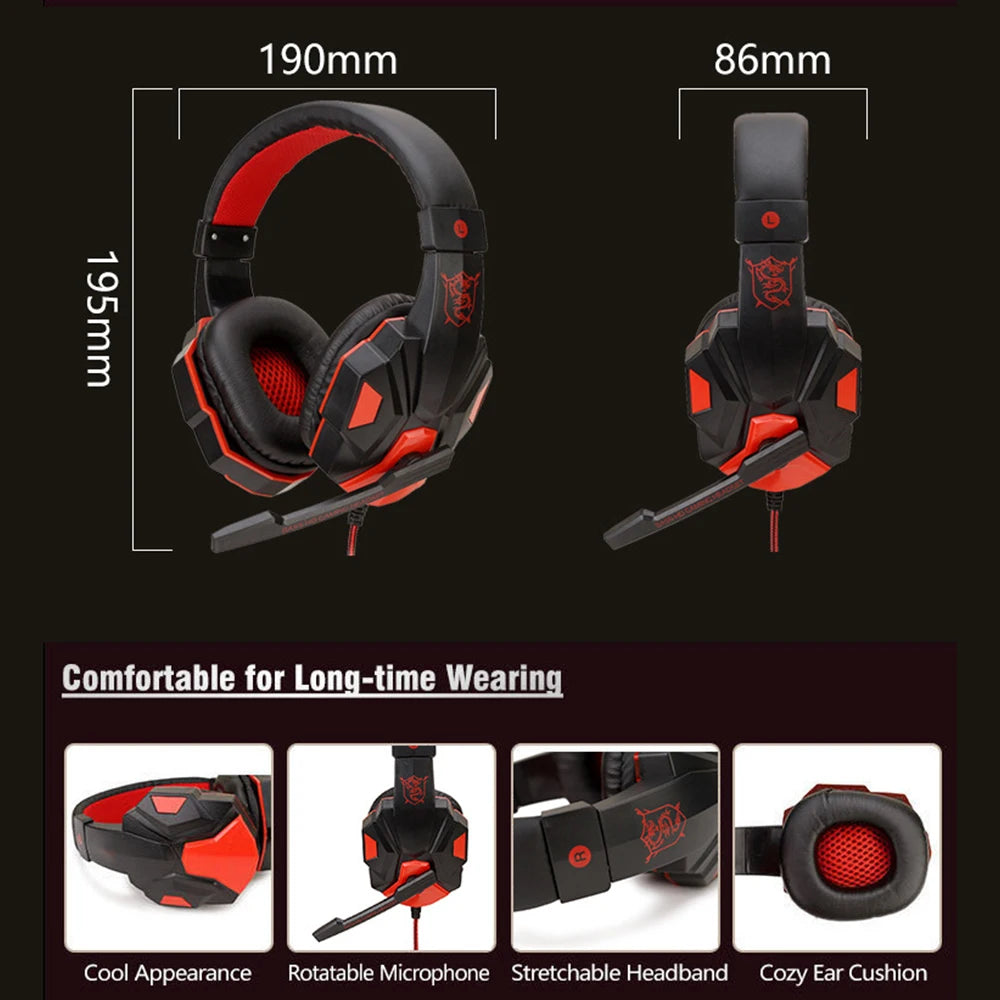 Black and red wired gaming headset with rotatable noise-cancelling microphone, adjustable headband and plush cushions.