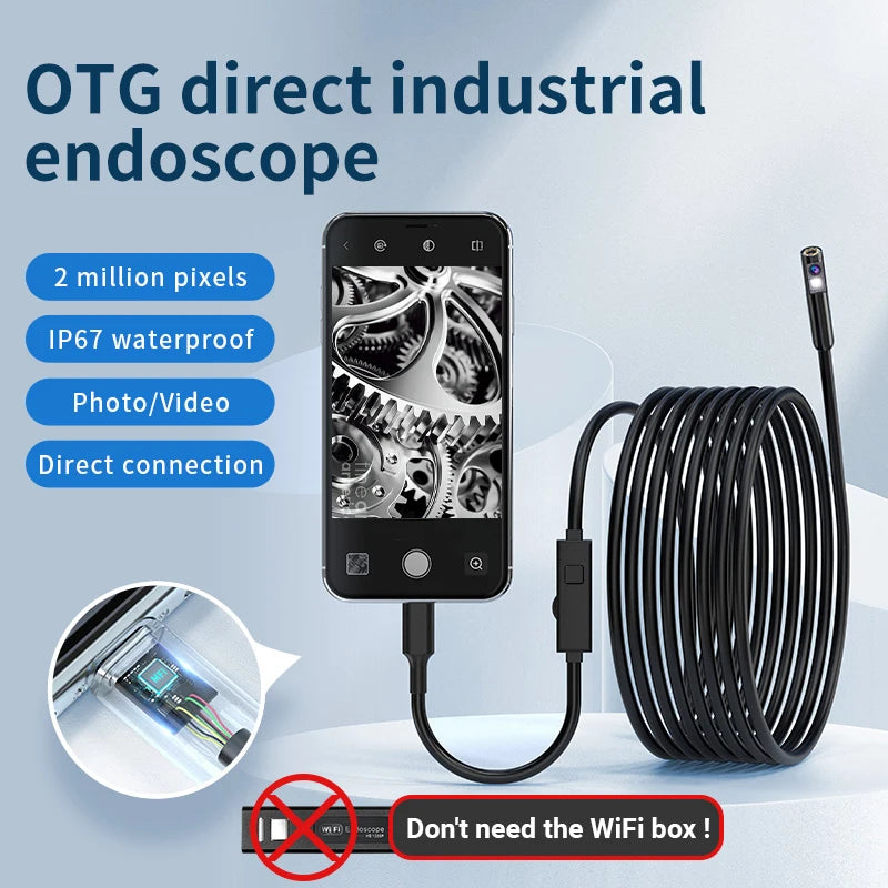 HD industrial inspection camera for mobile, featuring a long black cable, waterproof probe, and direct plug connection.