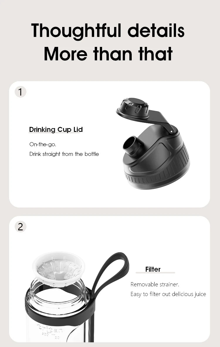 Black water bottle components: a hinged drinking lid and a clear bottle with a removable white filter strainer.