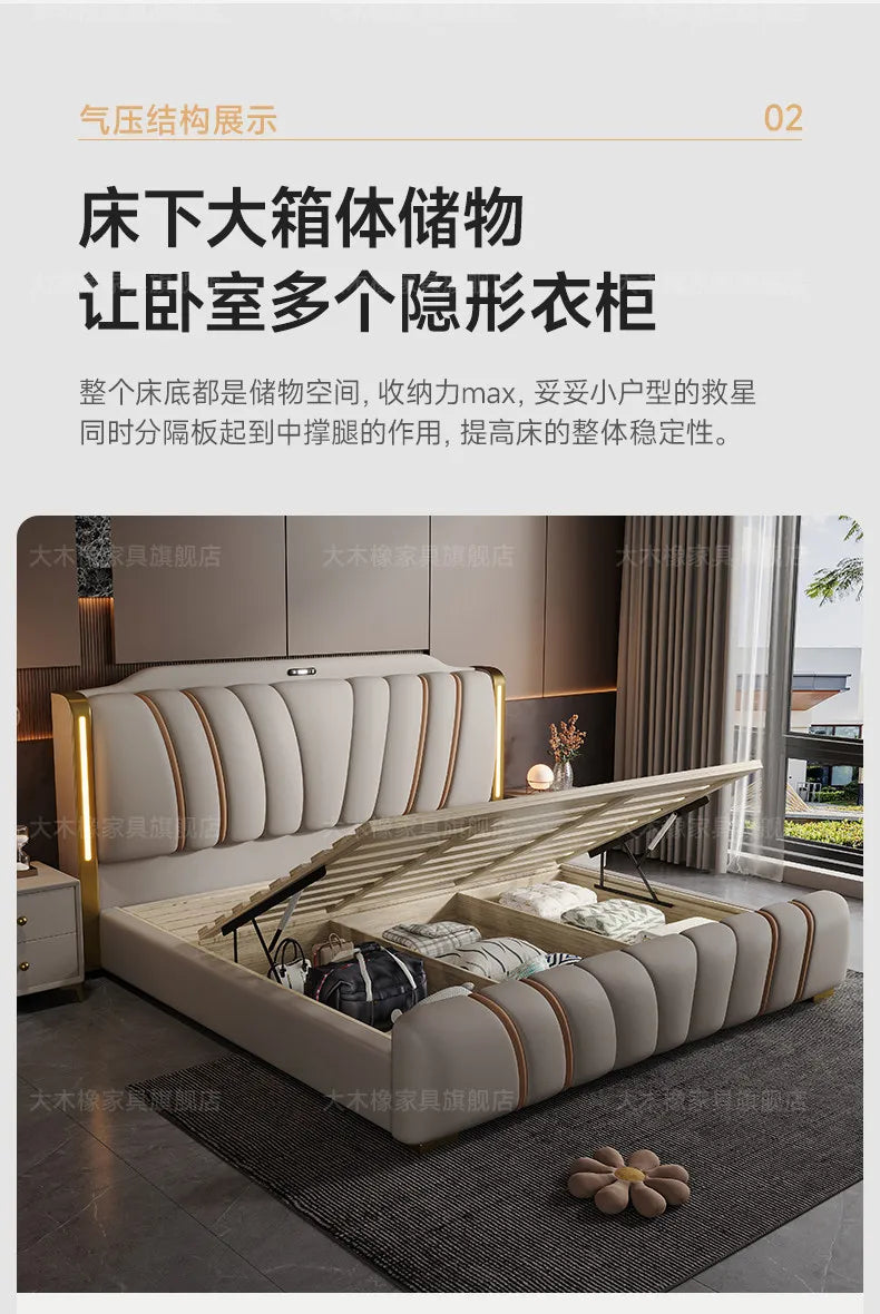 Luxury modern cream upholstered bed with vertical tufting, integrated gold-accented lighting, and spacious base storage.
