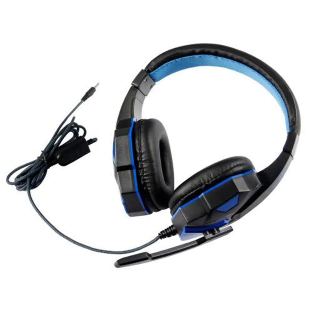 Black and blue wired gaming headset with cushioned ear pads, adjustable headband, and a noise-cancelling microphone.
