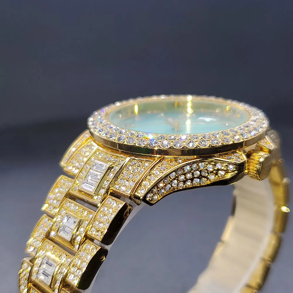 Gold-tone ladies' dress watch featuring a shimmering bezel and bracelet encrusted with sparkling crystals.