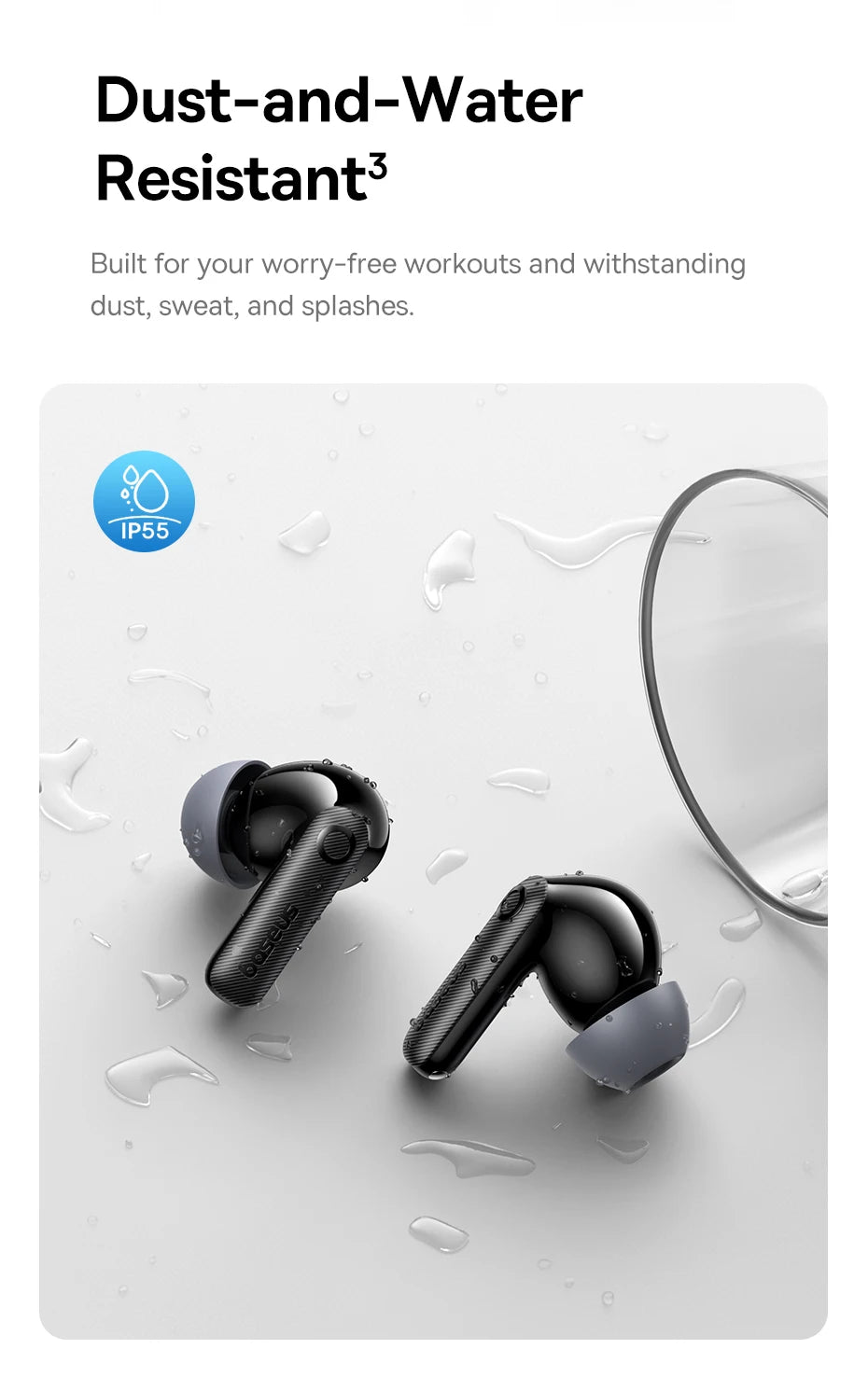 Glossy black wireless earbuds with grey silicone tips, featured on a water-splashed surface with IP55 rating icon.