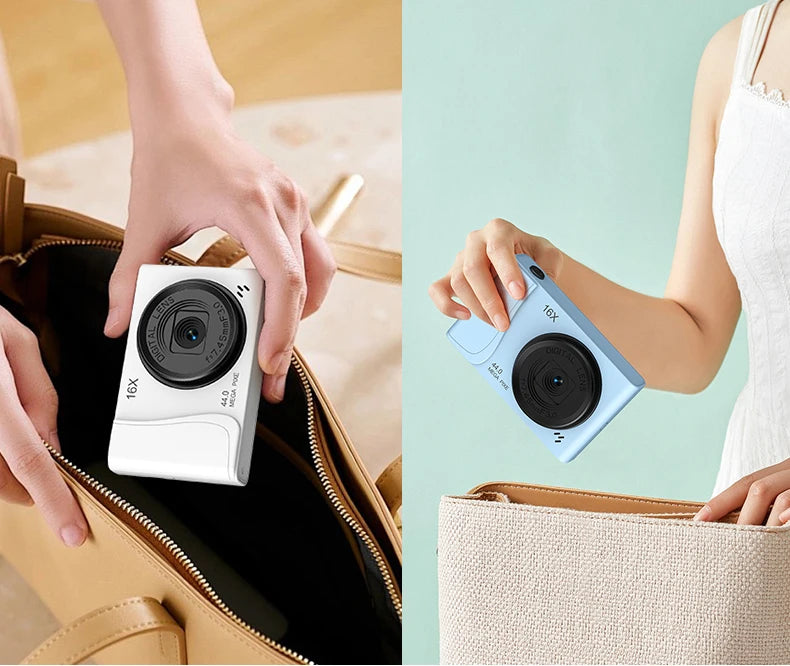 White and light blue plastic compact digital cameras with 16x zoom and 44MP lenses being placed into handbags.